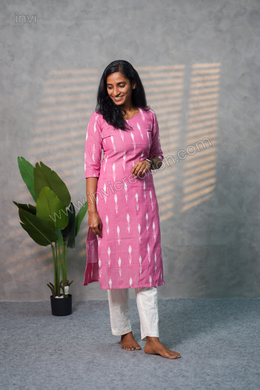 Pink Pure Cotton Ikat Print Kurthi-PI : ICK00129