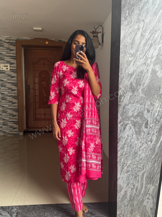 Pink Floral Print Pure Cotton Suit Set-PI : ICS00141