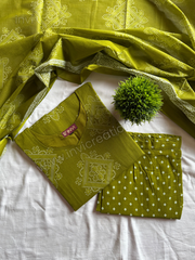 Olive Green Handblock Print Cotton Suit Set-PI : ICS00140