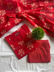 Red Floral Print Cotton Salwar Suit Set-PI : ICS00155