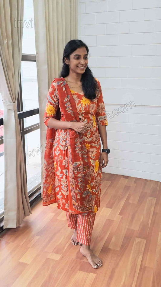 Rust Orange Floral Printed Cotton Salwar Set-PI : ICS00162