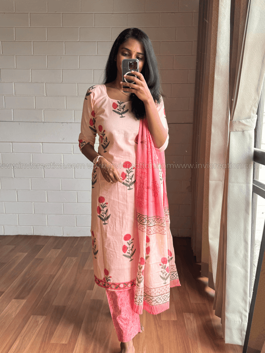 Peach Pink Floral Printed Cotton Salwar Set-PI : ICS00170