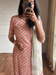Blush Pink Floral Cotton Kurthi Set with Dupatta-PI : ICS00169