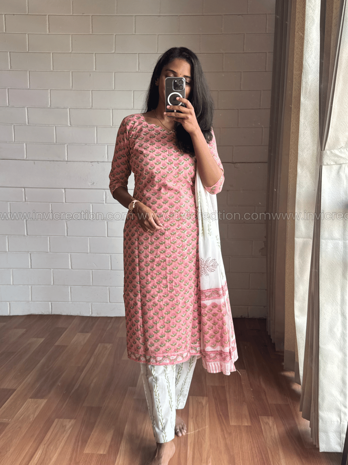 Blush Pink Floral Cotton Kurthi Set with Dupatta-PI : ICS00169