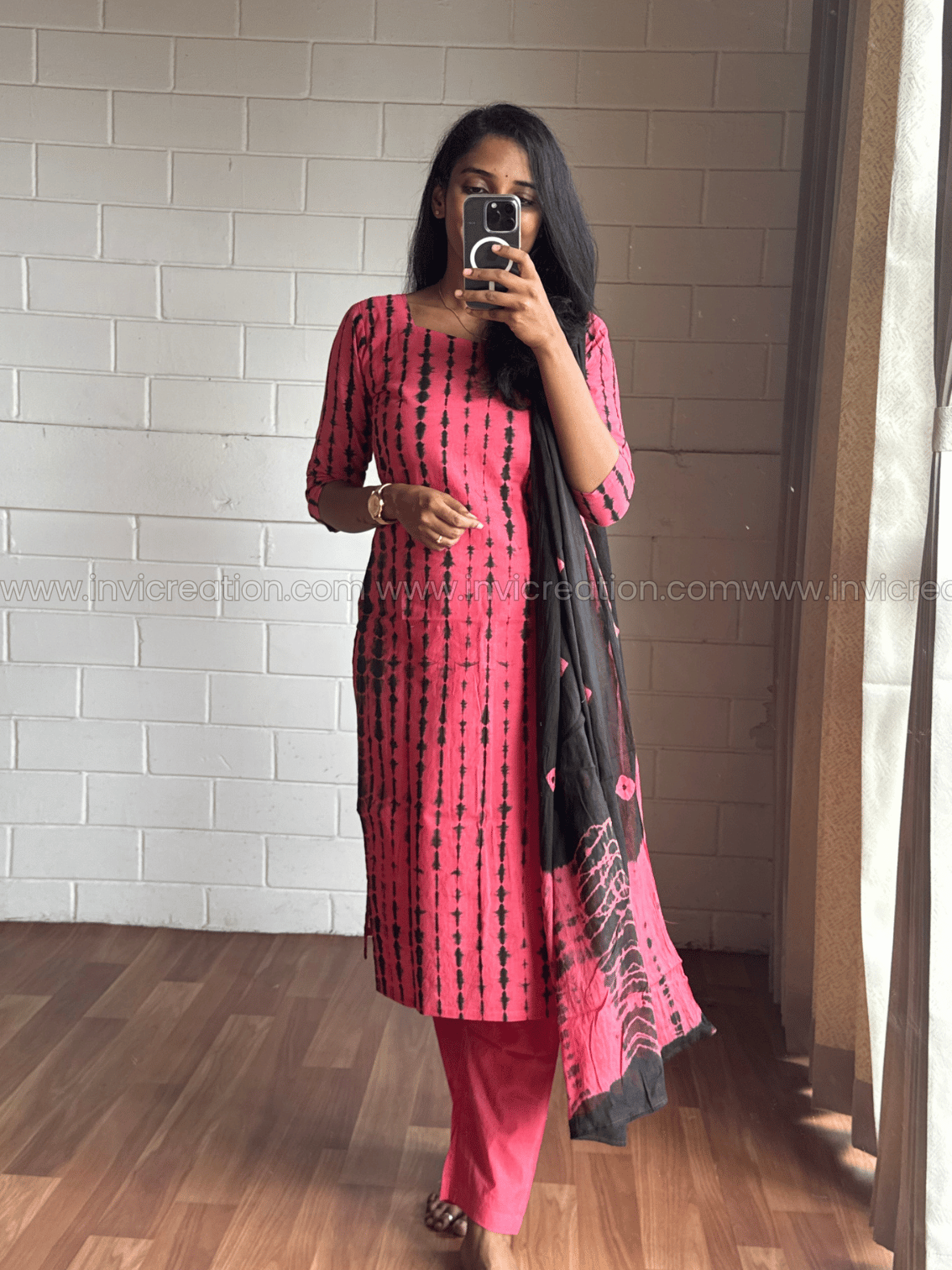 Pink & Black Printed Cotton Kurthi Set with Dupatta-PI : ICS00168