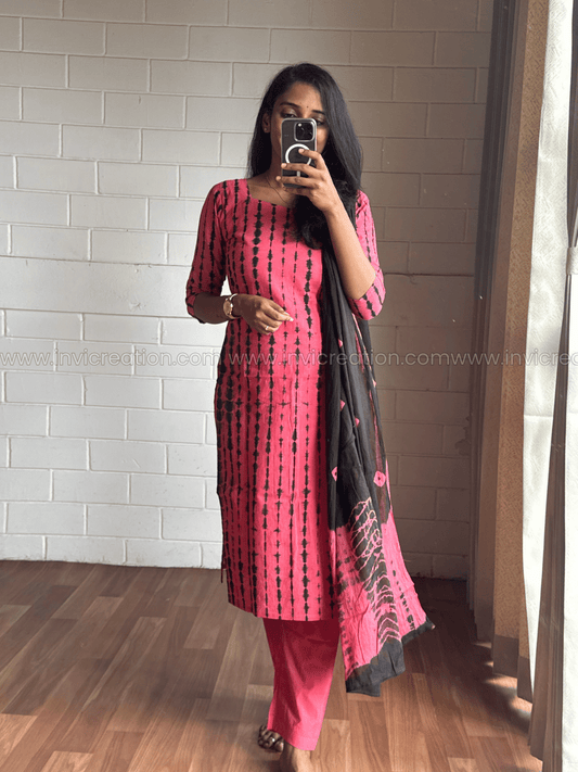 Pink & Black Printed Cotton Kurthi Set with Dupatta-PI : ICS00168