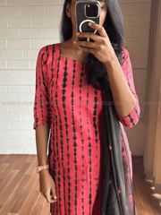 Pink & Black Printed Cotton Kurthi Set with Dupatta-PI : ICS00168