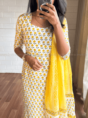 White & Yellow Floral Printed Cotton Salwar Set for Women-PI : ICS00167