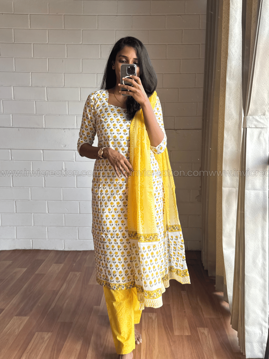 White & Yellow Floral Printed Cotton Salwar Set for Women-PI : ICS00167