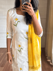 White & Yellow Floral Printed Cotton salwar Set-PI : ICS00166