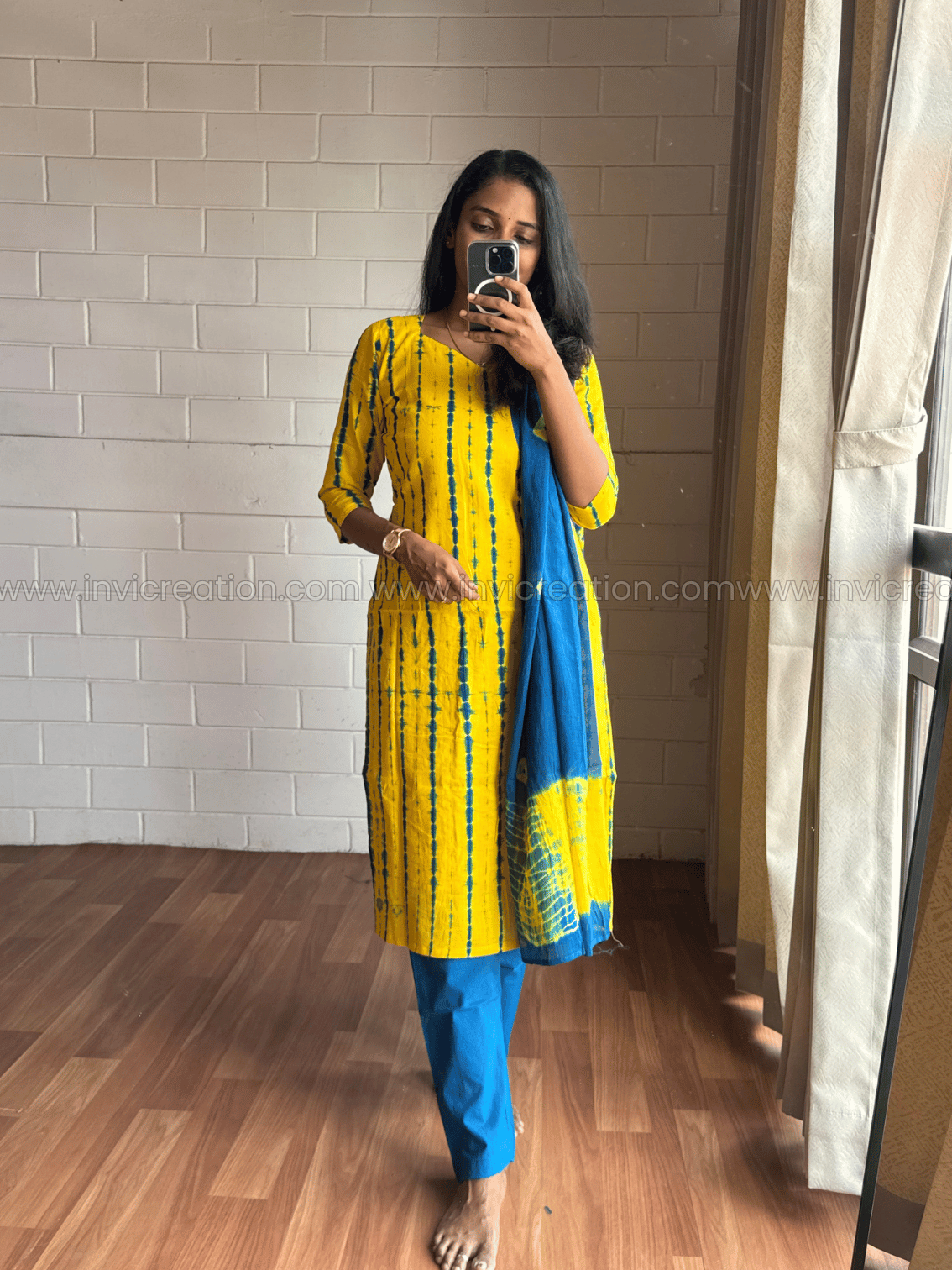 Yellow & Blue Printed Cotton Salwar Set-PI : ICS00165
