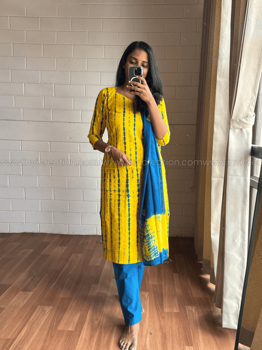 Yellow & Blue Printed Cotton Salwar Set-PI : ICS00165