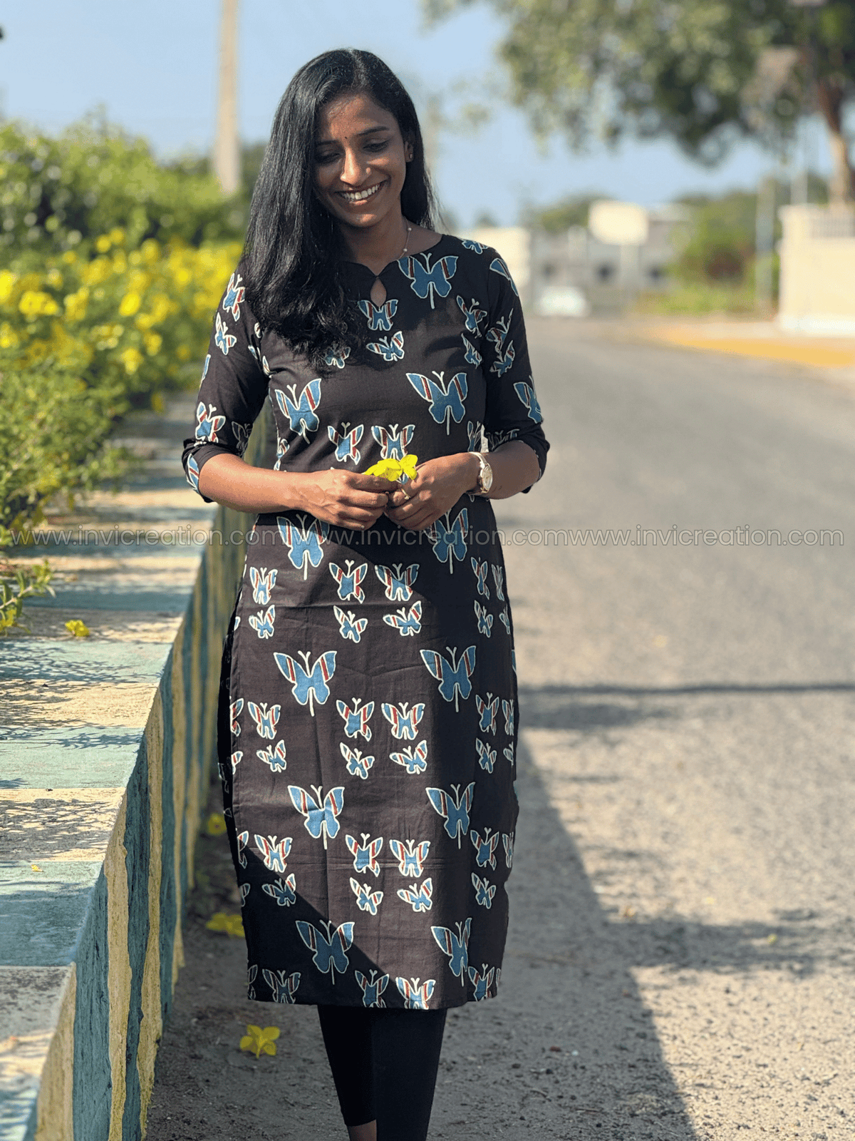 Butterfly Print Black Kurti-PI : ICK00152*