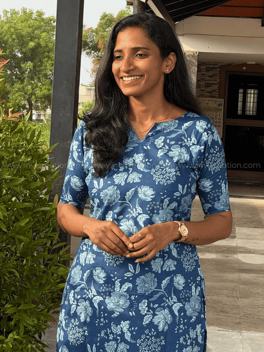 Indigo Bloom Cotton Kurthi Set-PI : ICC00073*
