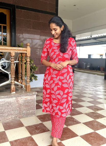 Ruby Red Leaf Printed Co-Ord Set-PI : ICC00030