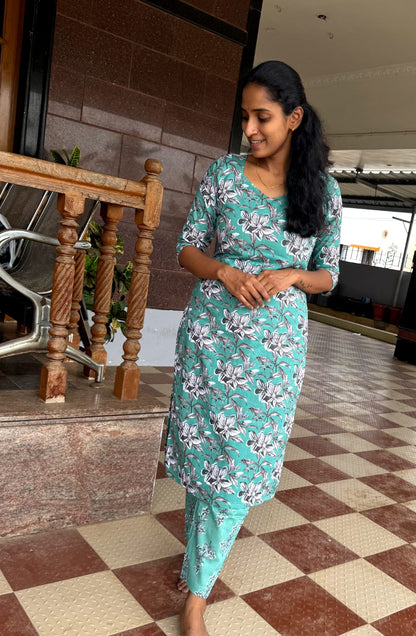 Mint Green Floral Printed Co-Ord Set-PI : ICC00029