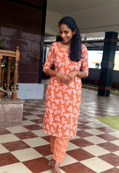 Orange Floral Cotton Kurthi Set-PI : ICC00027