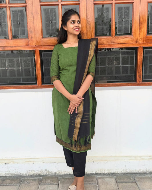 Olive Green Cotton Kurti with Black Dupatta-PI : ICS00172