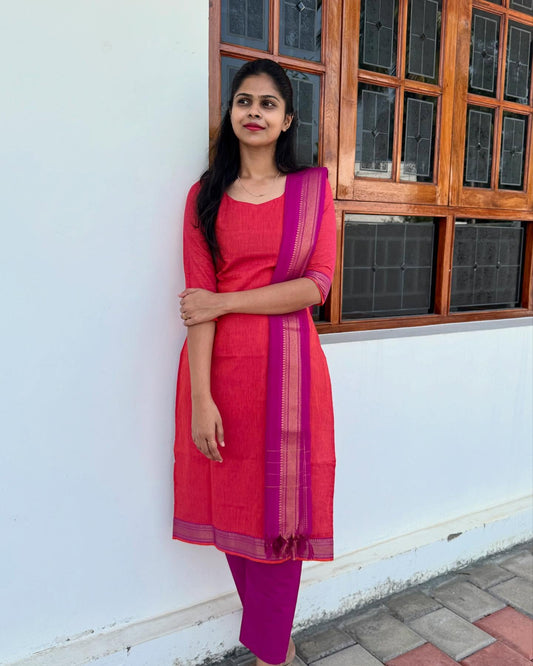 Pink Cotton Kurti Set with Dupatta for Women-PI : ICS00171